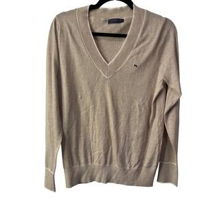 NWOT Vineyard Vines Oatmeal V Neck Sweater Whale Logo Light Knit Women's Size S